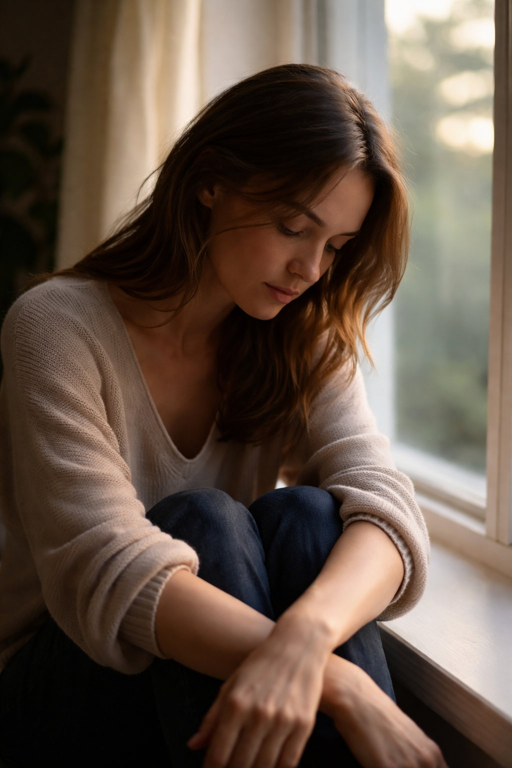 Mulher em momento de introspecção, representando vergonha, não merecimento e abandono como padrões familiares que se repetem nos vínculos.